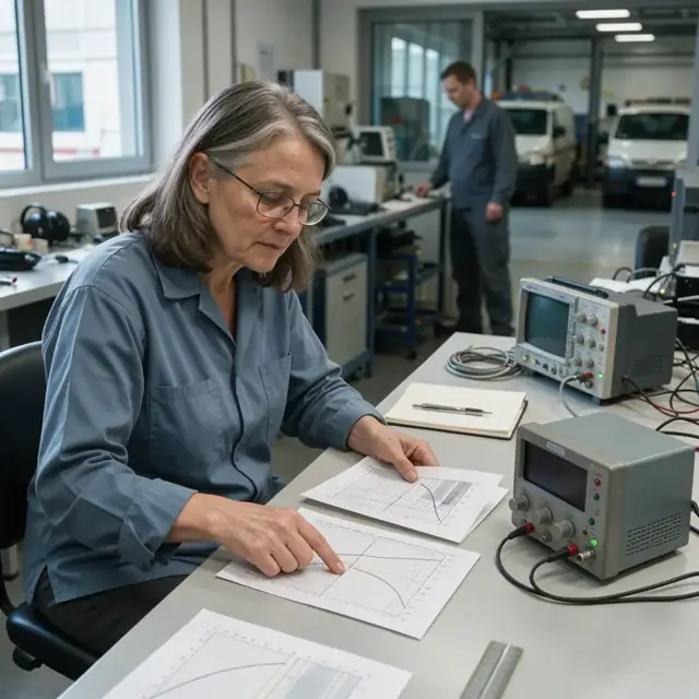 a technician reviewing printed test plots and calibration records at a clean desk beside a precision signal generator