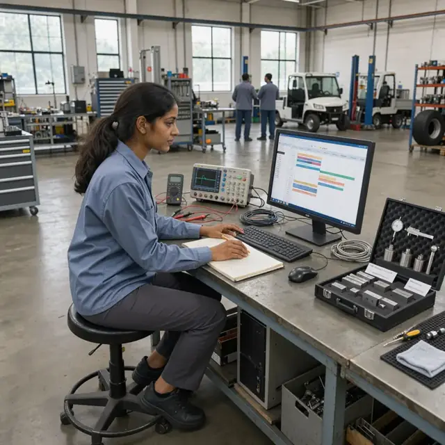 a technician reviewing a production schedule on a computer monitor with test equipment and calibration standards visible on adjacent benches