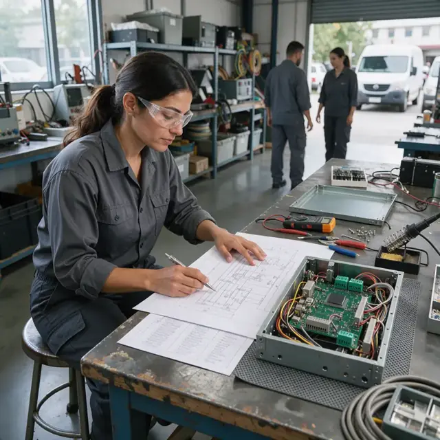 a technician at a workbench reviewing detailed technical drawings and specification sheets spread across a desk next to an open instrument chassis