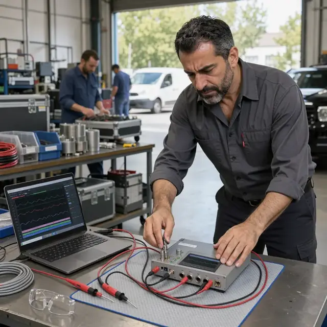 a technician connecting a device under test to a calibration standard on a workbench with a laptop recording live measurements