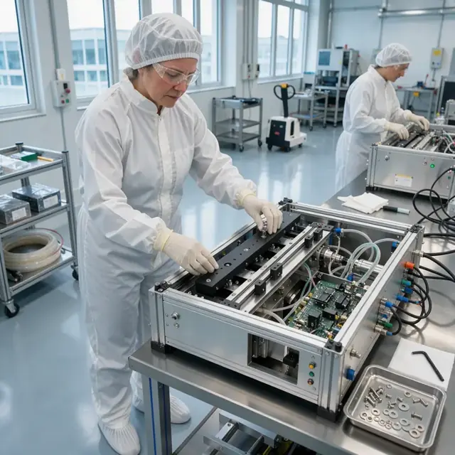 a worker in cleanroom gowning carefully aligning an optical bench inside a partially assembled chromatograph frame