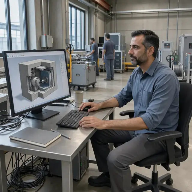 an engineer at a workstation viewing a large monitor showing a 3D model of an irradiation chamber with concrete shielding walls