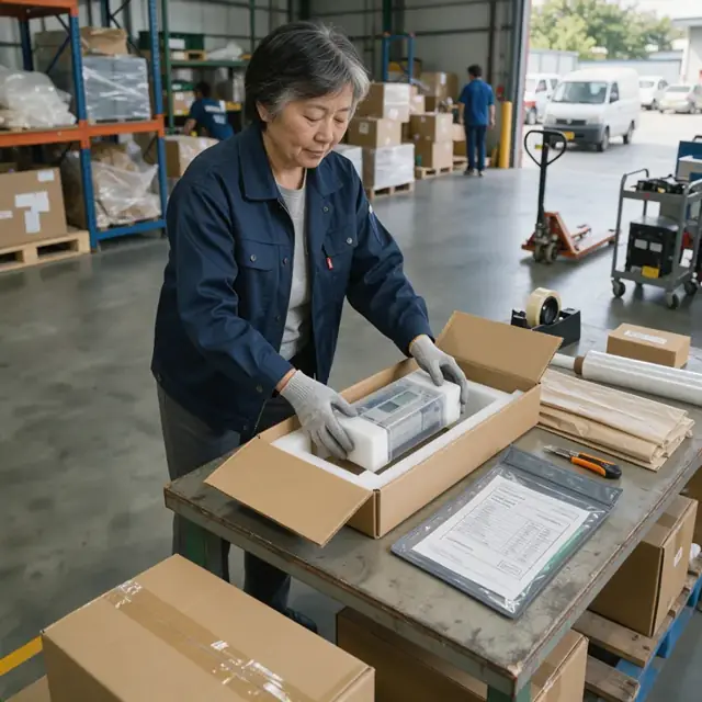 a worker in a shipping area placing a foam-protected instrument into a corrugated box alongside a packet of calibration certificates and test reports