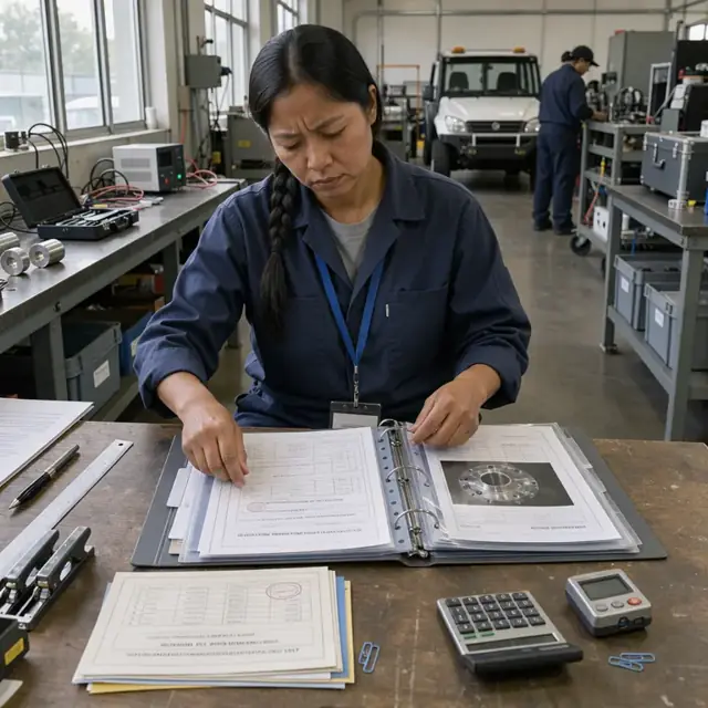 a technician at a desk compiling calibration certificates test data sheets and material certifications into a device history folder