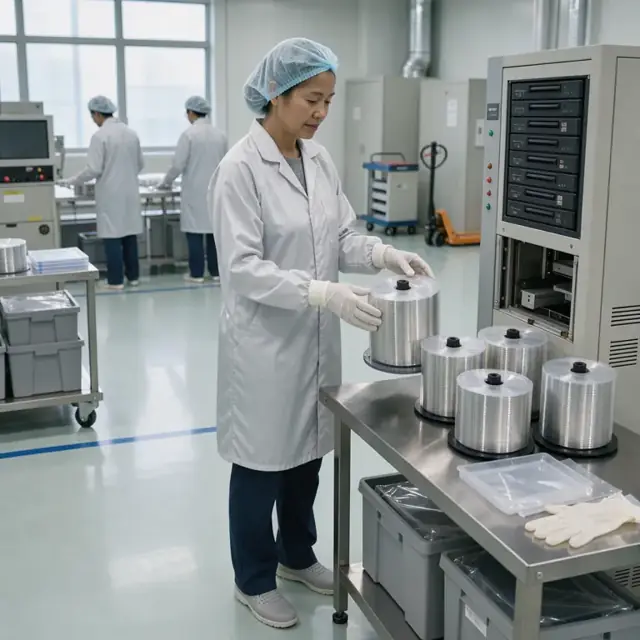 a worker standing beside a large optical disc duplication tower with multiple spindles of blank media in a clean manufacturing room