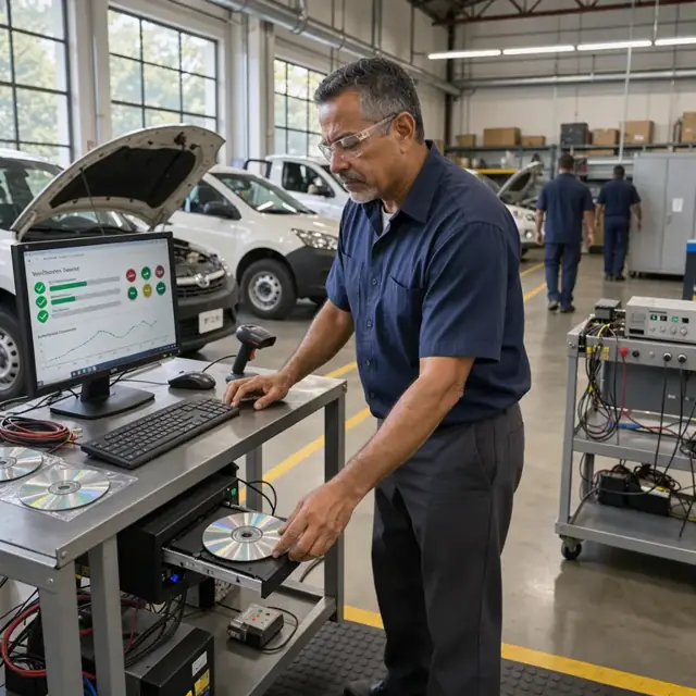 a worker at a testing station inserting a disc into a computer drive while checking a monitor displaying verification results in a quality control area