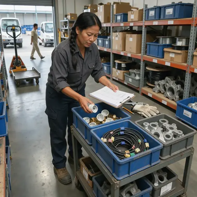 a worker checking bins of light sockets, wiring harnesses and metal castings against an open inventory sheet in a stockroom