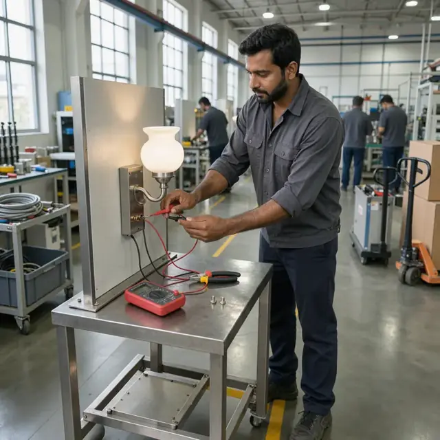 a worker using a multimeter and probe on a completed wall sconce mounted on a test stand in a well-lit inspection area