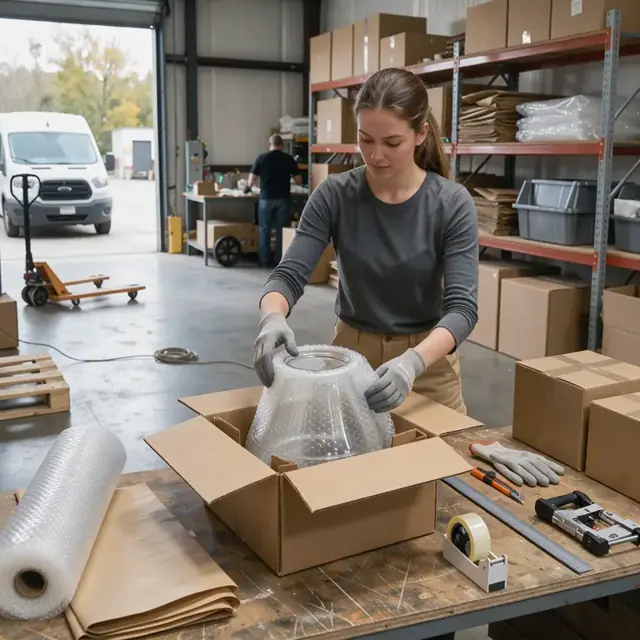 a worker carefully placing bubble wrap around a glass lampshade inside a custom cardboard shipping carton on a packing table