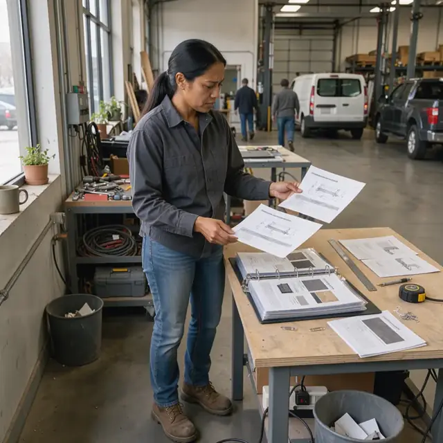 a worker at a standing desk examining printed fixture specification sheets next to an open binder of product cut sheets