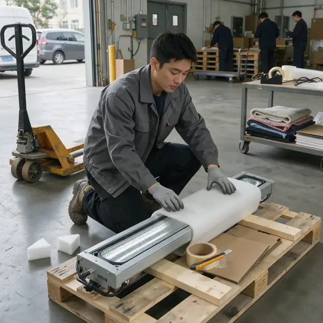 a worker wrapping a large industrial lighting fixture with protective foam and corrugated cardboard on a wooden shipping pallet in a loading bay