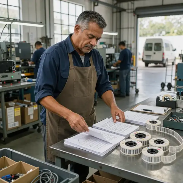 a worker at a workbench organizing printed test reports and certification labels next to reels of component barcode tags