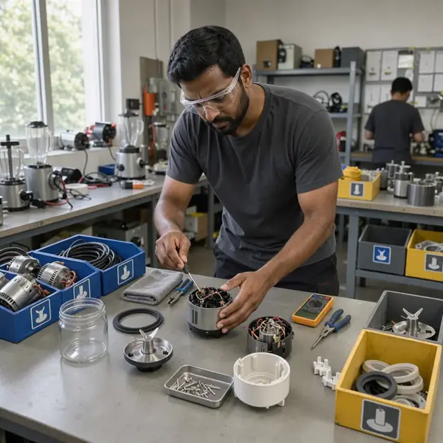 a worker examining a disassembled blender on a clean assembly table surrounded by labeled bins of motors, blades and housings