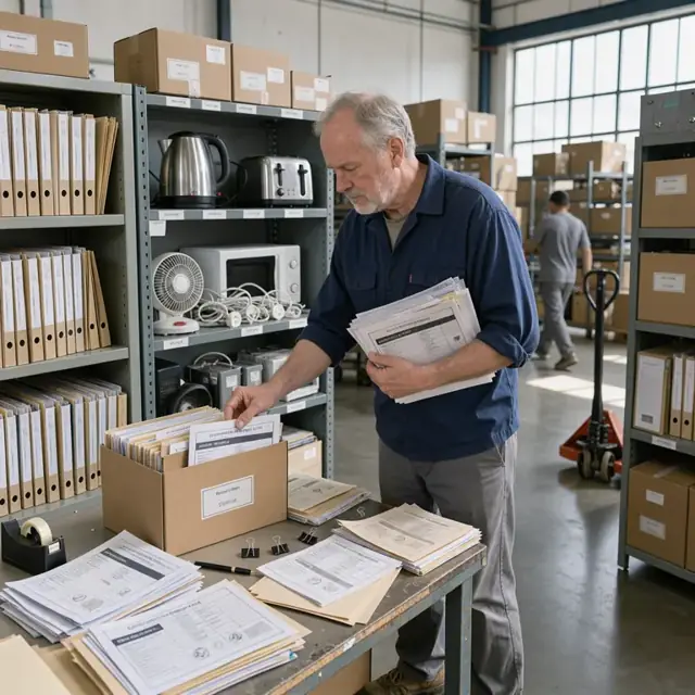 a worker organizing stacks of test reports, safety certificates and product labels in a filing area next to shelves of archived appliance samples