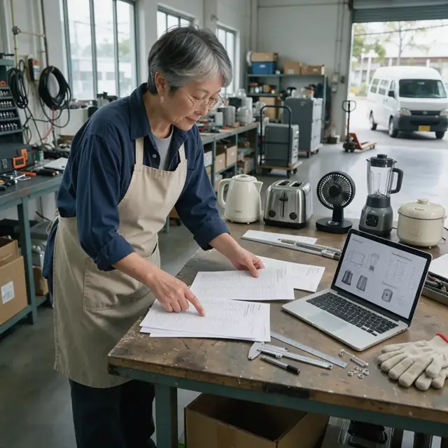a worker at a workbench reviewing printed purchase orders next to a laptop showing product specification sheets and a row of sample appliances