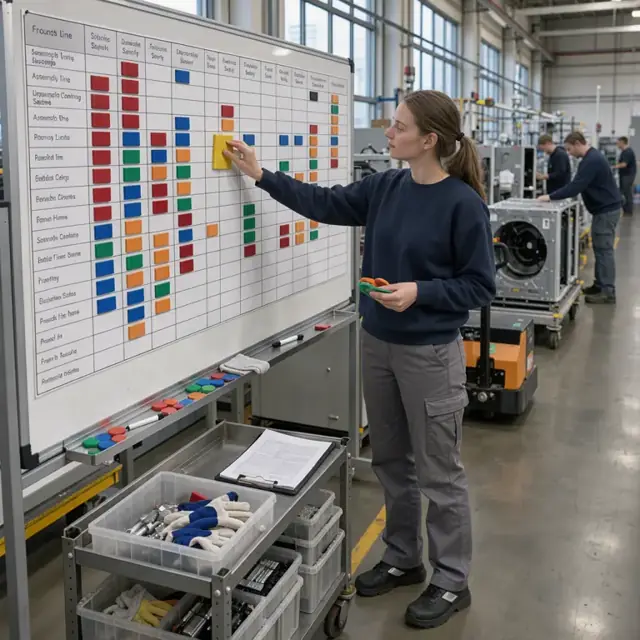 a worker standing at a whiteboard with a printed production schedule attaching colored magnets representing different appliance models to assembly line stations
