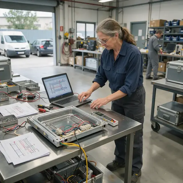an engineer revising wiring diagrams on a laptop next to a disassembled oven prototype on a metal workbench