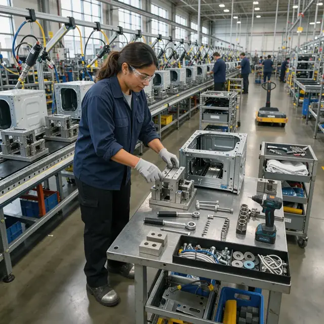 a technician preparing tools and fixtures on an appliance assembly line before a model changeover