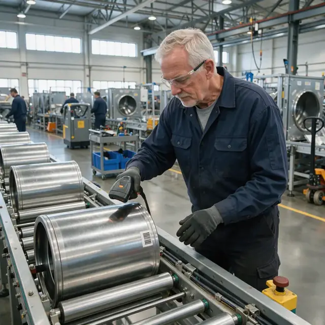 a line worker scanning barcodes on a dryer drum as it moves along a conveyor belt in an assembly plant