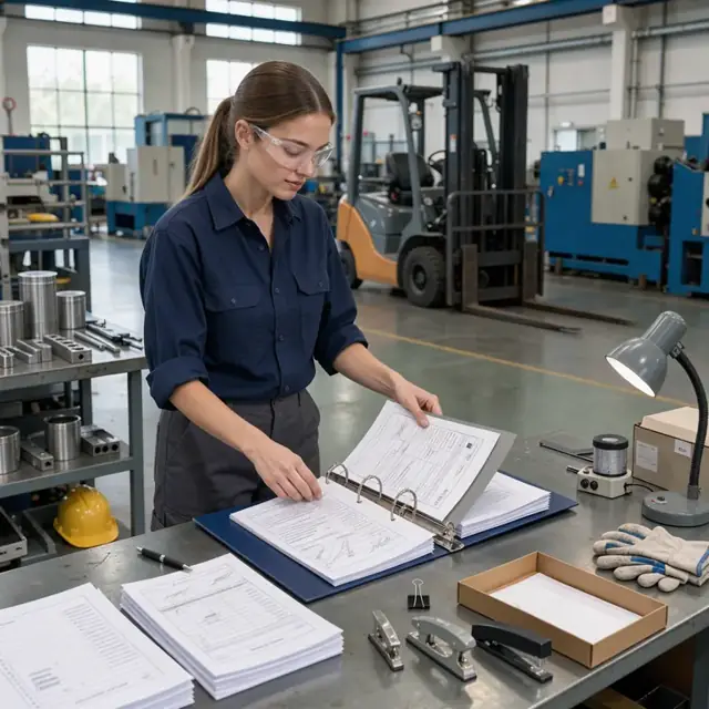 a worker at a factory workstation organizing test reports, material certificates and signed approval forms into a project binder