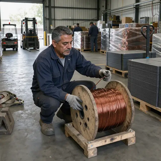 a worker in work gloves inspecting a wooden spool of copper magnet wire in a factory receiving area beside steel pallets of electrical laminations