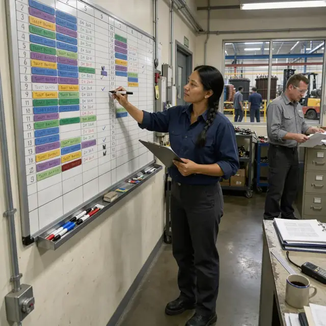 a planner standing at a large wall-mounted scheduling board in a factory office marking dates next to transformer winding and test bay entries