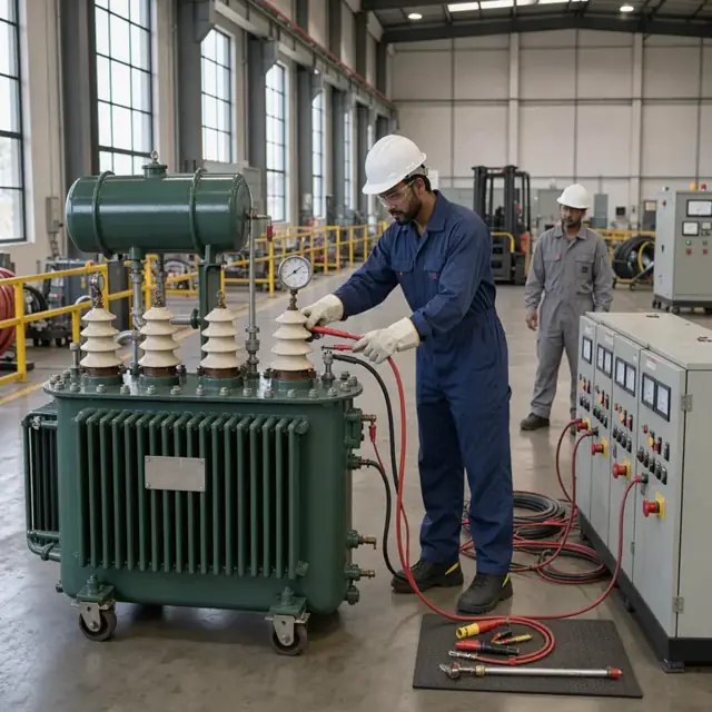 a technician connecting high-voltage test leads to a completed oil-filled transformer inside a dedicated test bay with control panels nearby