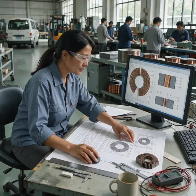 an engineer seated at a drafting table using a large monitor to review detailed electrical winding schematics and core lamination diagrams