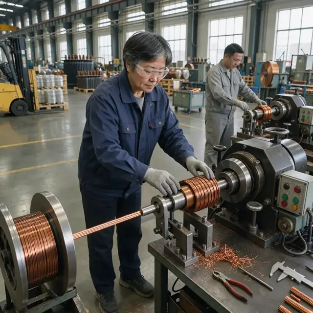 a worker guiding copper wire onto a rotating mandrel on a heavy industrial winding machine inside a transformer manufacturing plant