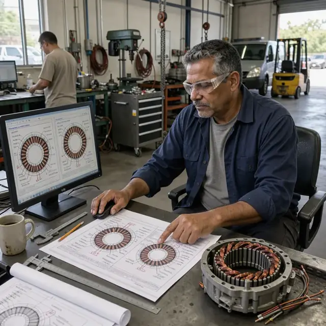 an engineer at a large monitor comparing two versions of a motor winding diagram with revision notes on printed drawings nearby