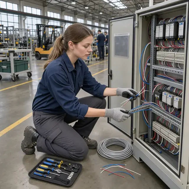 a worker in safety gloves routing control wire inside an open panel on a factory assembly floor