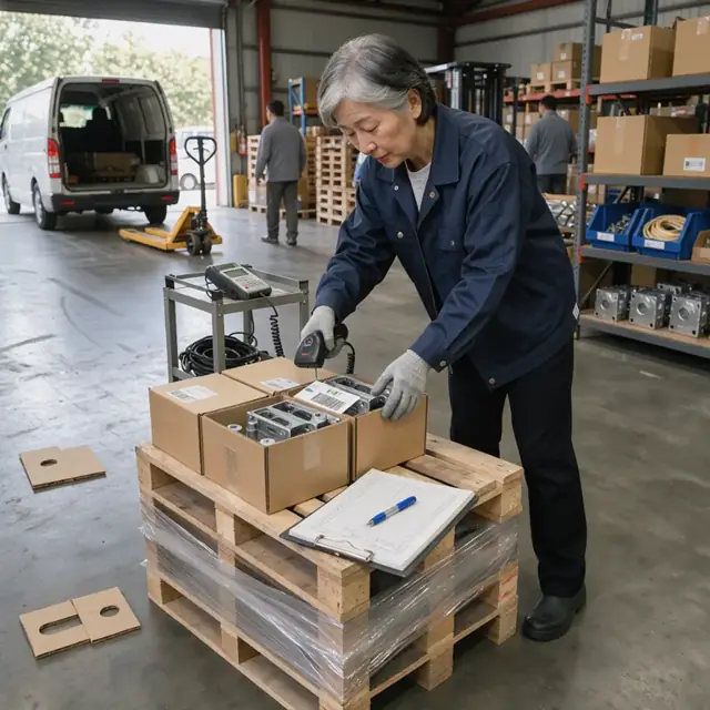 a worker in a stockroom scanning bar-coded components on a pallet next to an open receiving log