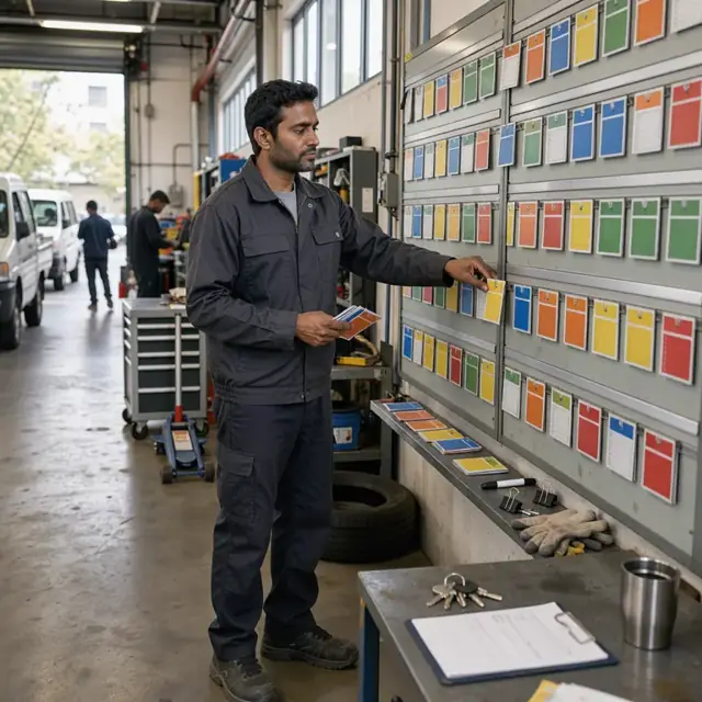a worker standing at a large wall-mounted scheduling board with colored cards representing active jobs
