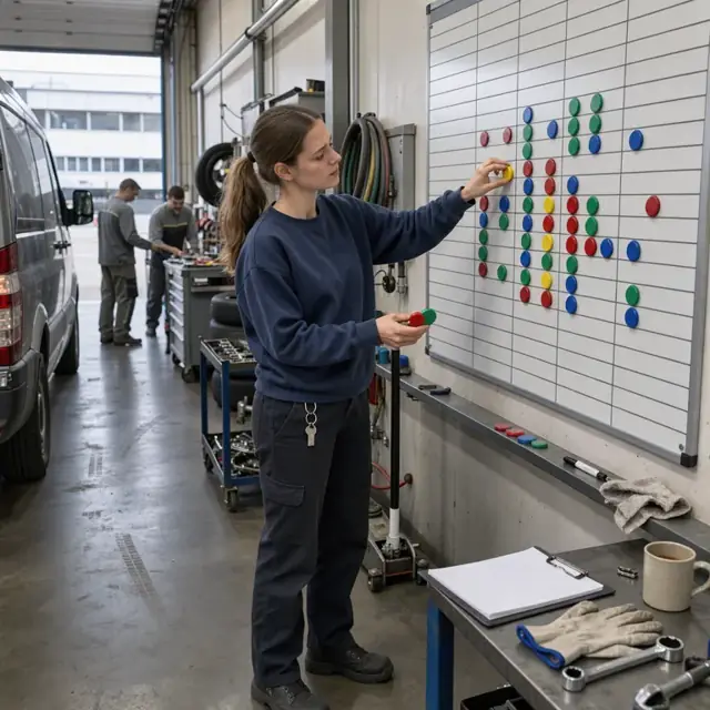 a manager standing at a large wall-mounted production schedule board marking job status with colored magnets
