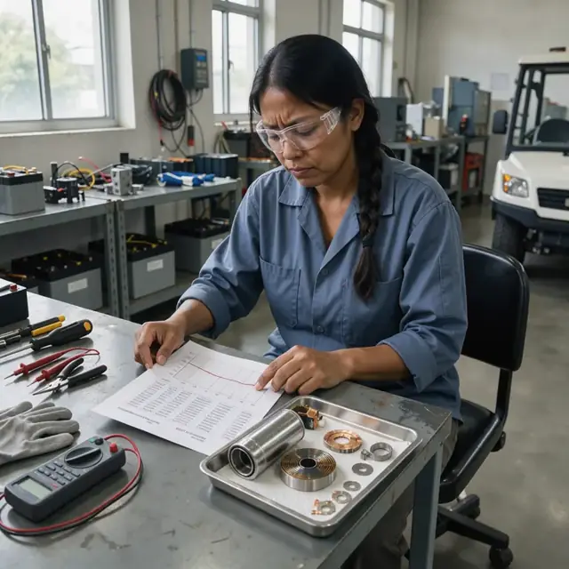 a worker at a desk examining a battery pack test report printout next to a disassembled prototype cell