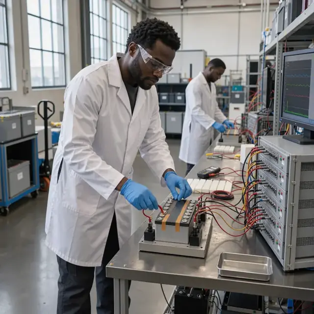 a worker in a lab coat connecting a battery cell to a multichannel test station with multiple voltage and temperature probes