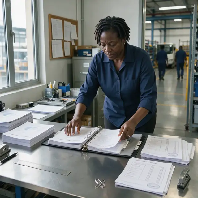 a worker at a clean metal desk organizing stacks of test reports, material certificates and compliance checklists into a large binder