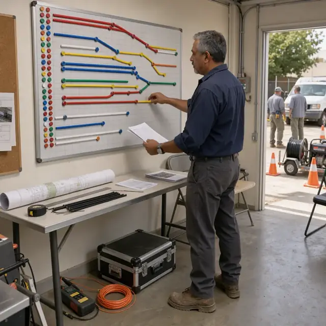 a planner standing in front of a large wall-mounted production schedule board with colored magnetic strips representing different fiber optic cable runs
