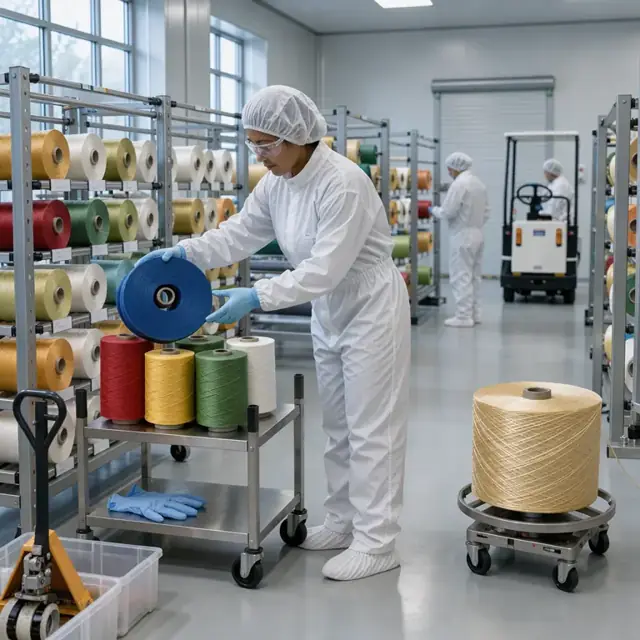a worker in cleanroom attire pulling colored fiber spools from climate-controlled racks onto a cart beside a large reel of aramid yarn