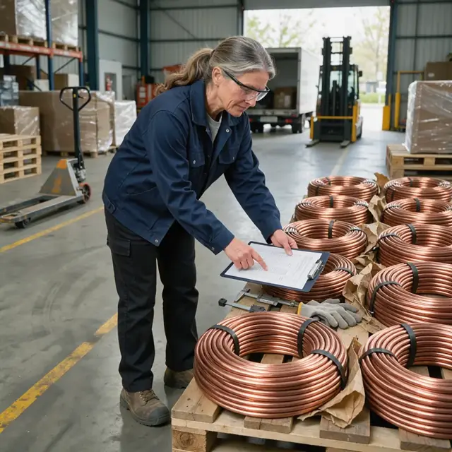 a worker in a warehouse receiving area inspecting a pallet of copper rod coils against a packing slip on a clipboard