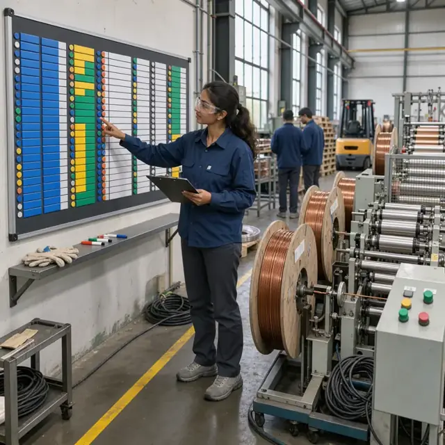 a supervisor standing in front of a large wall-mounted production schedule board next to a wire insulating line with reels of copper conductor