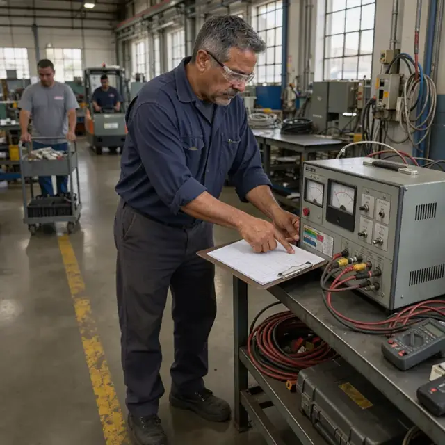 a worker in a manufacturing plant checking calibration stickers on electrical test equipment next to a clipboard with a maintenance log