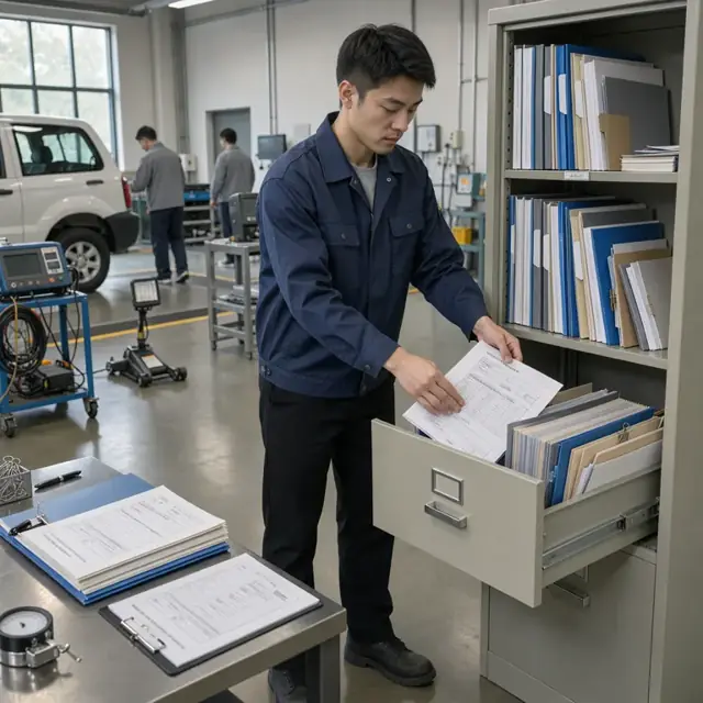 a worker organizing test reports and certification folders inside a metal filing cabinet