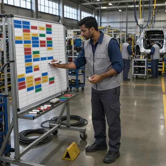 a worker standing at a production schedule board marking assembly line assignments