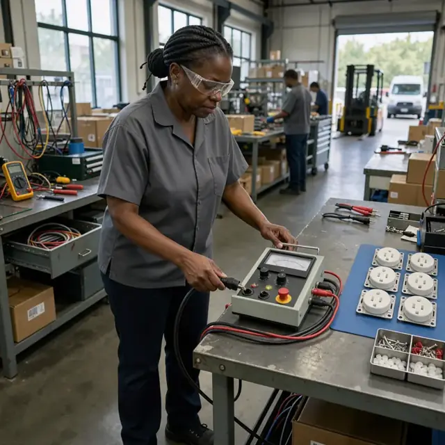 a worker at a test bench connecting a power cord to a dielectric withstand voltage tester with finished receptacles waiting