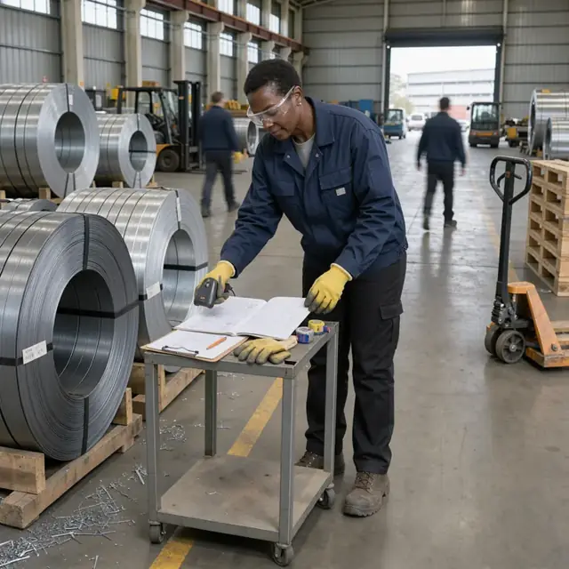 a worker in a warehouse checking coils of steel and aluminum against an open inventory sheet and barcode scanner