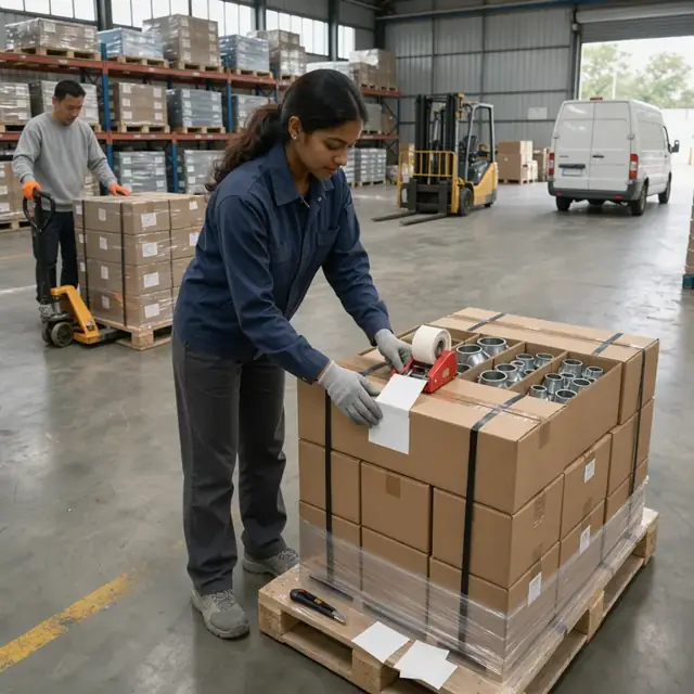 a worker in a warehouse attaching labels to stacked cardboard boxes of metal electrical fittings on a pallet ready for shipment