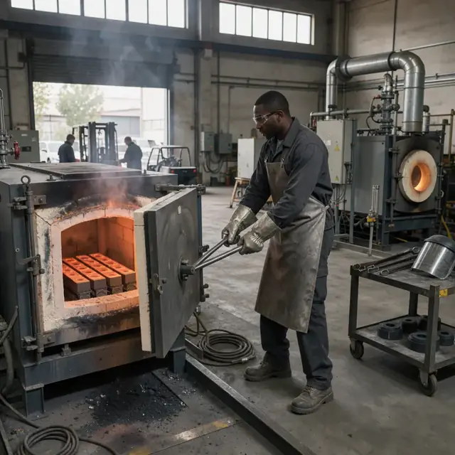 a worker wearing heat-resistant gloves opening the door of a large high-temperature furnace with glowing graphite parts inside a dimly lit production area