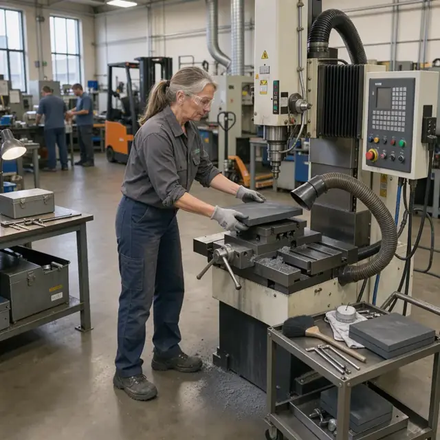 a worker loading a graphite plate into the vise of a vertical CNC mill surrounded by dust extraction hoses in a well-lit shop