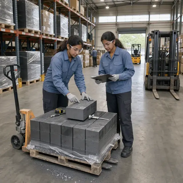 a worker in safety glasses inspecting incoming graphite blocks and comparing lot numbers against a checklist in a warehouse aisle